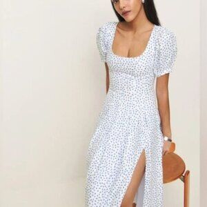 NEW Reformation Coucou Midi Linen Dress Hanna White Blue Floral | US 2 UK 6
